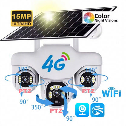 Solar Powered PTZ Camera 3 Rotating Lens Motion Detection Camera