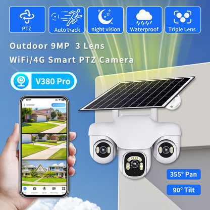 Solar Powered PTZ Camera 3 Rotating Lens Motion Detection Camera