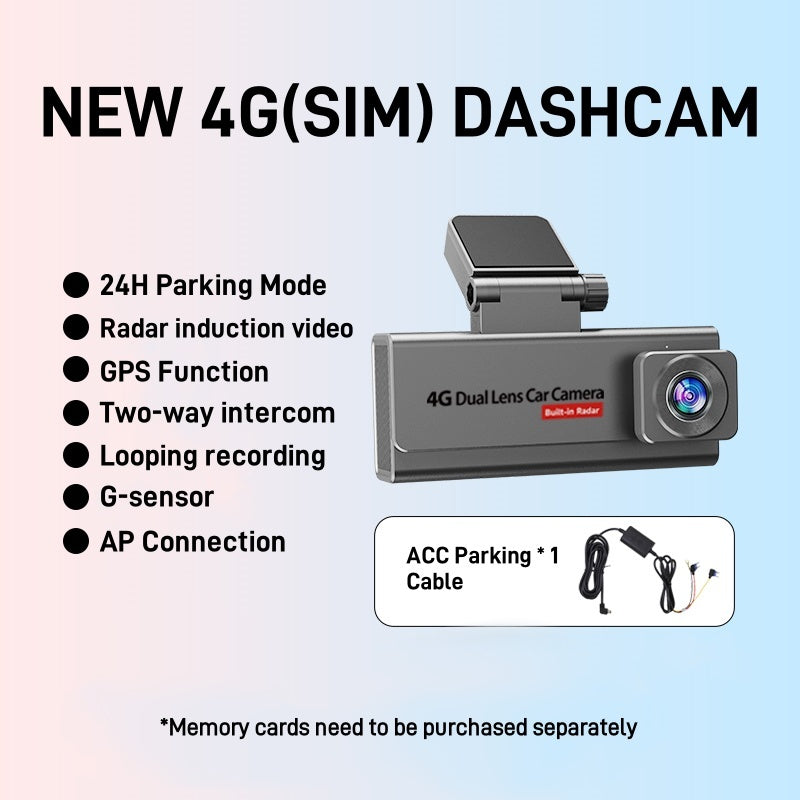 SIM Dual Lens Car Dash Cam 4K Two-way Intercom Night Vision 4G ,GPS G-Sensor Loop Recording Radar Induction Video