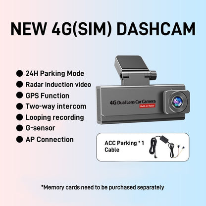 SIM Dual Lens Car Dash Cam 4K Two-way Intercom Night Vision 4G ,GPS G-Sensor Loop Recording Radar Induction Video